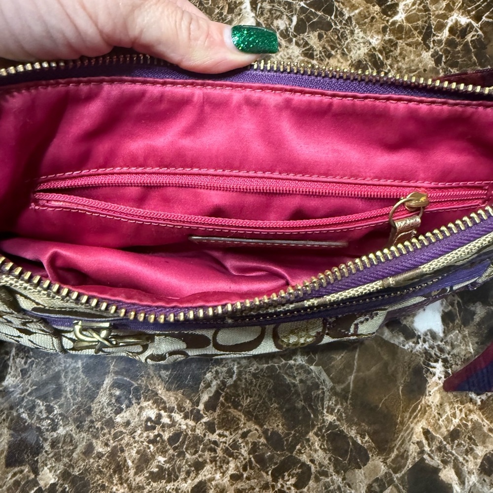 Coach Poppy Tartan Appliqué Groovy Shoulder Bag Brown Purple - Picture 16 of 17